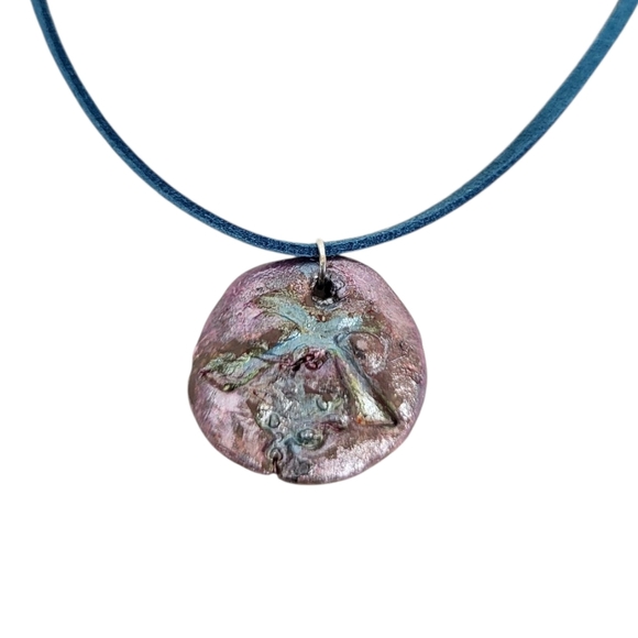 Handpainted Metallic Bow Air Dry Clay Blue Faux Leather Cord Necklace - Picture 1 of 3